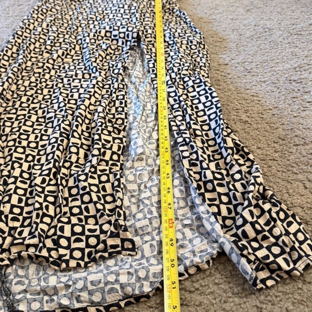 Free People Geometric Print Lace Trim V-Neck Maxi Dress Black Tan Slit Smocked M - Picture 5 of 9